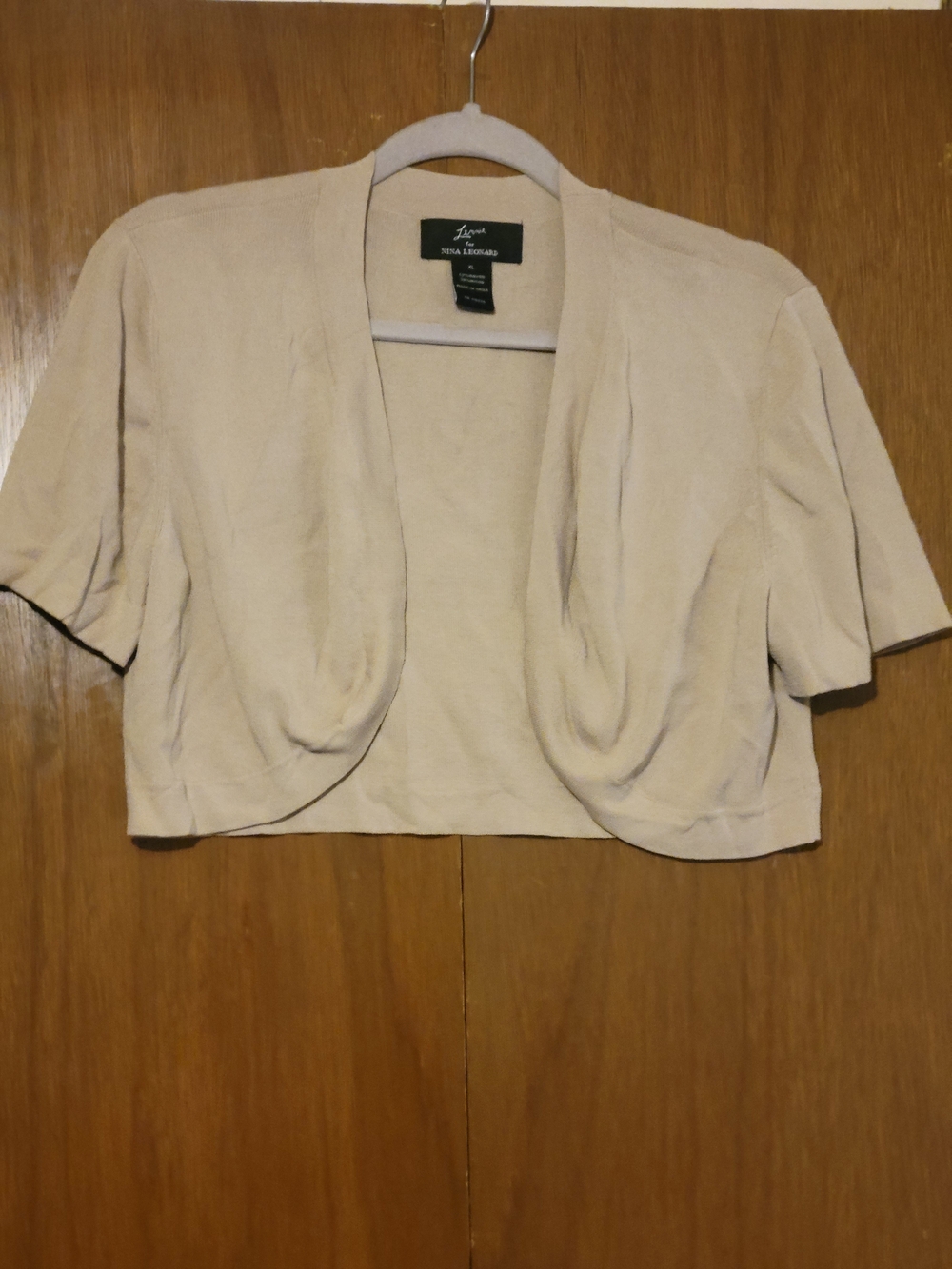 Nina Leonard Light Beige Short-Sleeve Open-Front Bolero